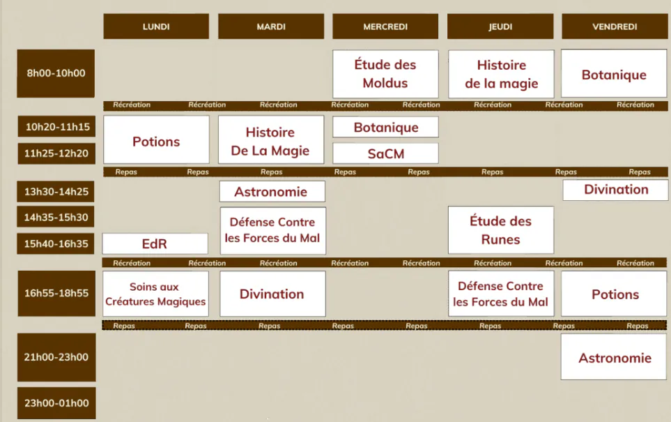 Horaire de Cassidy, filière Spéciale avec 4h de DCFM et 2h de Potions