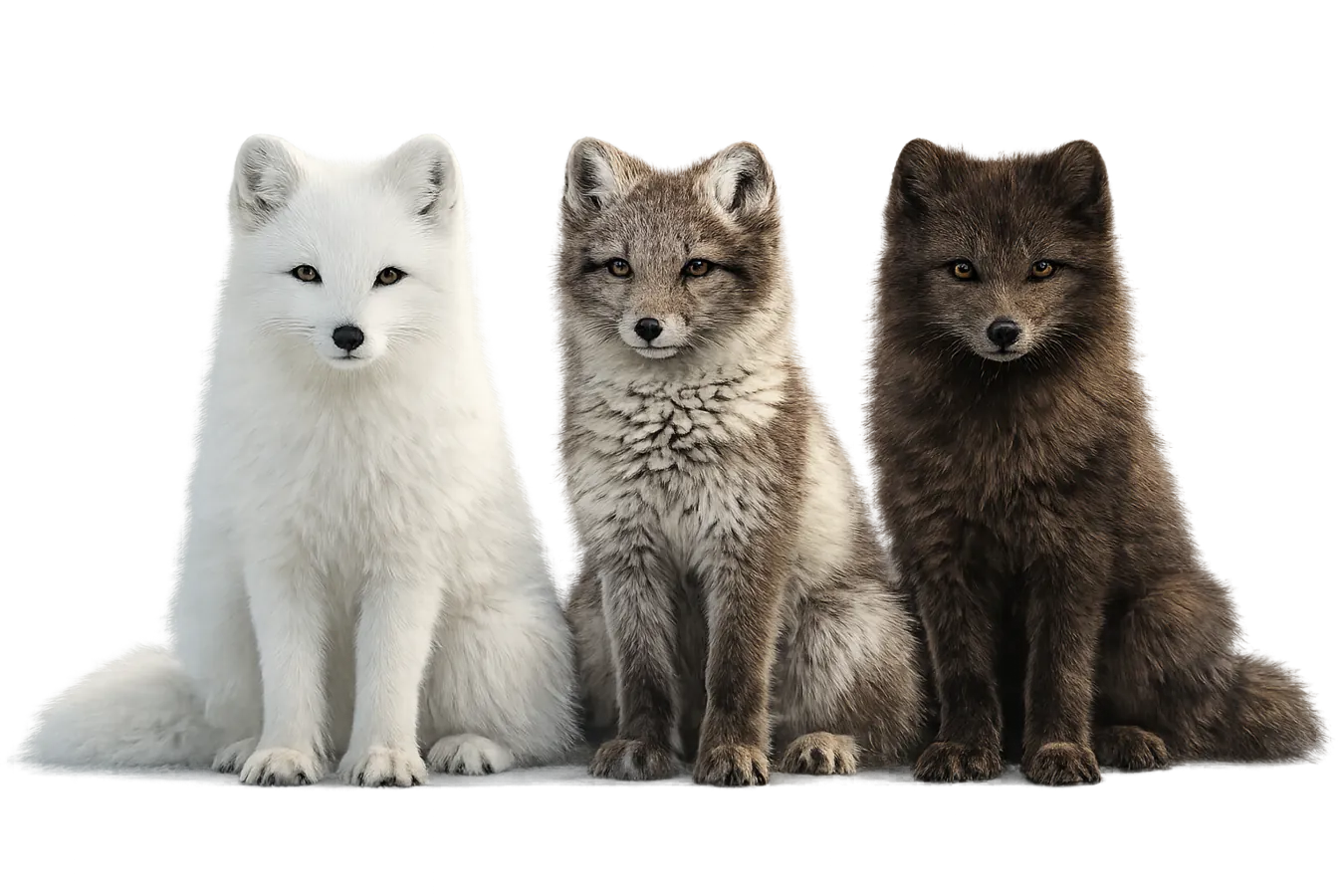 Trois pelages de renard polaire, blanc, mix et marron