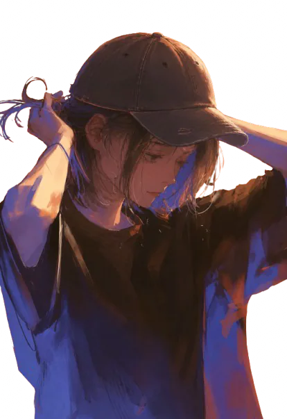 morgan, cheveux au carré qui se fait une queue de cheval. il porte une casquette et un t-shirt noir