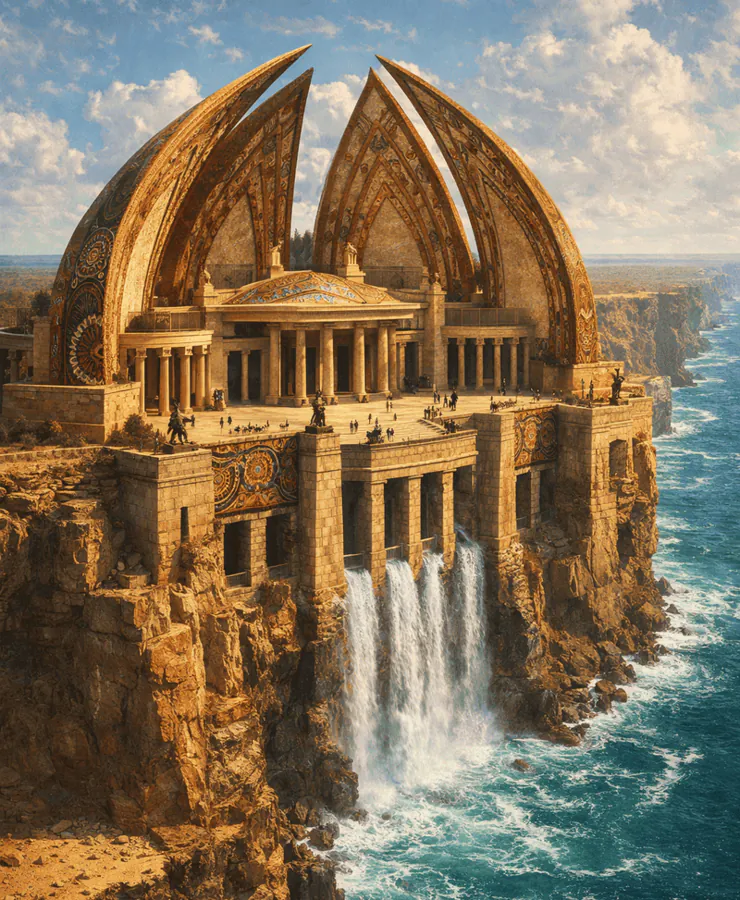 Un palais dont le style architectural est à mi-chemin entre l'occident et l'Australie autochtone. Le palais est fait de roche, perché au bord des falaises de Nullarbor, et les étages inférieurs sont creusés à même la falaise.
