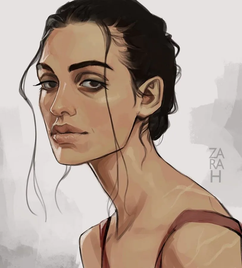 image type dessin d'une femme + cheveux brun attachés en un chignon à l'arrière de la tête et mèches qui tombent sur le visage + yeux sombre presque noir légèrement tombants et cernés +