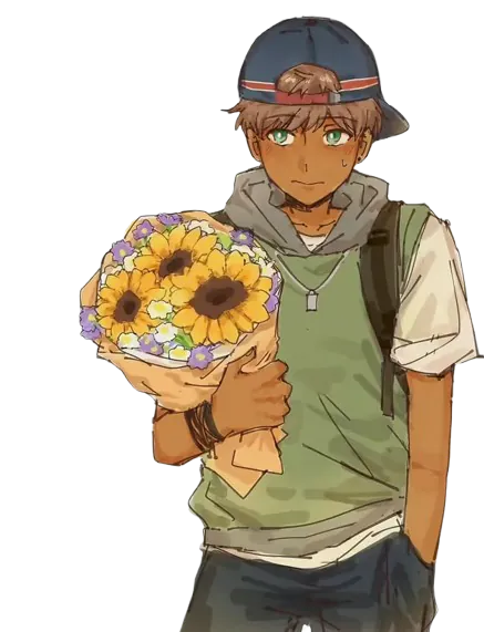 image de Logan tenant un bouquet de fleur