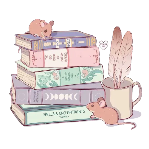 pile de livres colorés avec deux petites souris autour et une tasse avec deux plumes dedans