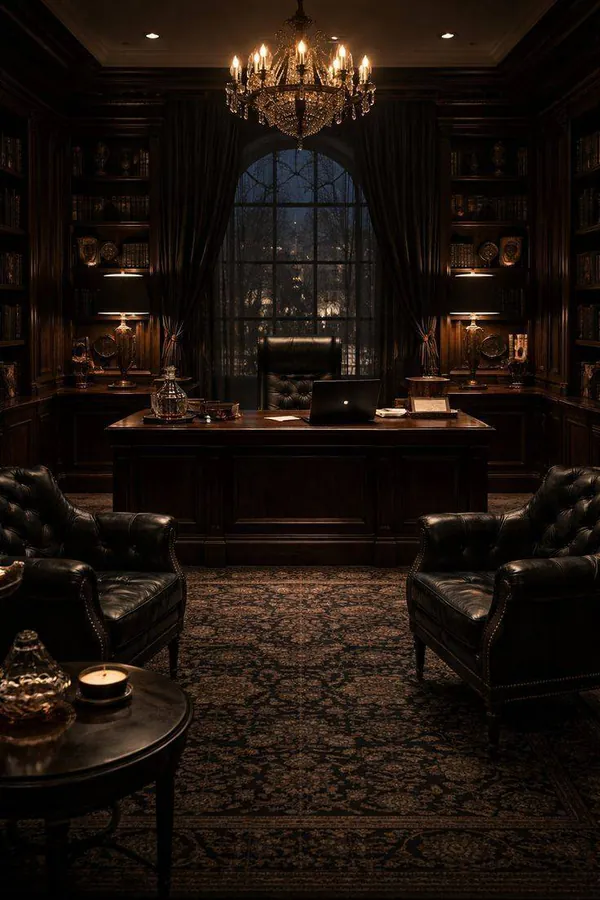 Bureau sombre devant une fenêtre, avec plusieurs fauteuils. Des bibliothèques fixées au mur entourent le bureau. Un tapis jonche le sol. Un petit lustre éclaire faiblement la pièce.