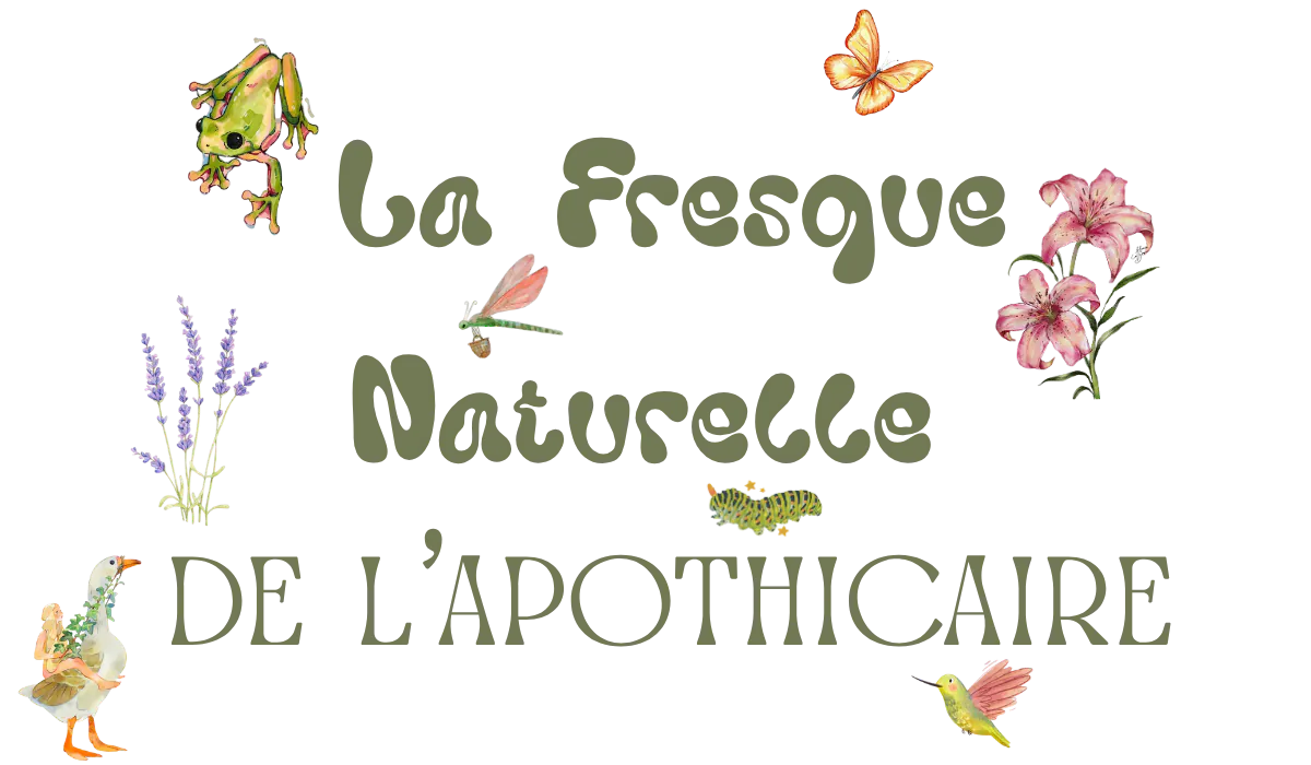 Image de titres 'La fresque florale de l'apothicaire' avec multiples images d'animaux et fleurs l'entourant