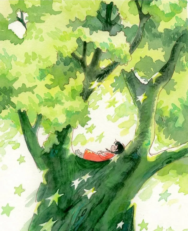 Une fille allongée en haut d’un arbre. Certaines des arbres sont des étoiles.