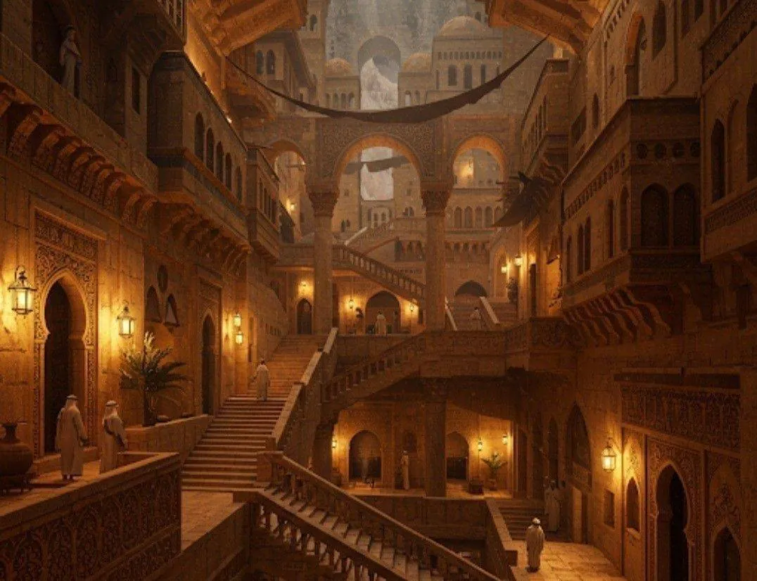 Un dédale d'escaliers et de portes creusés dans la roche avec des arcades de style mauresque. L'influence nord-africaine dans l'architecture est clairement visible.