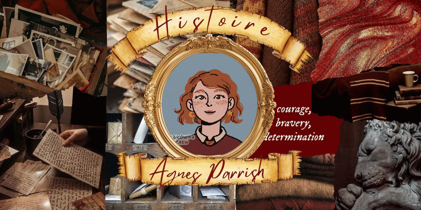 Moodboard contenant des images aux couleurs rouge et or, rappelant Gryffondor. Il est écrit Histoire et Agnes Parrish en lettres cursives.