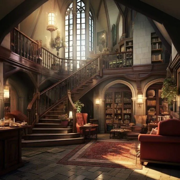 Une pièce lumineuse avec canapé et fauteuil, bibliothèque, un escalier, des plantes, des lanternes, et un tapis.