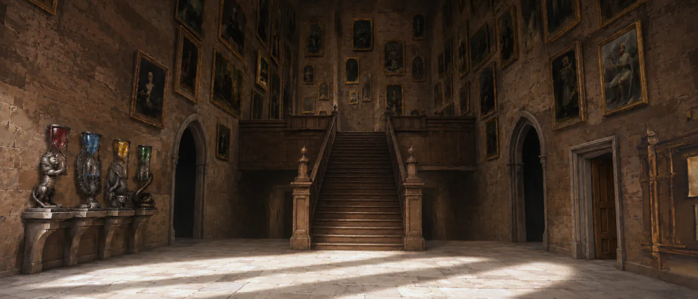Représentation du hall d'entrée de Poudlard tel que décrit ci-dessous.