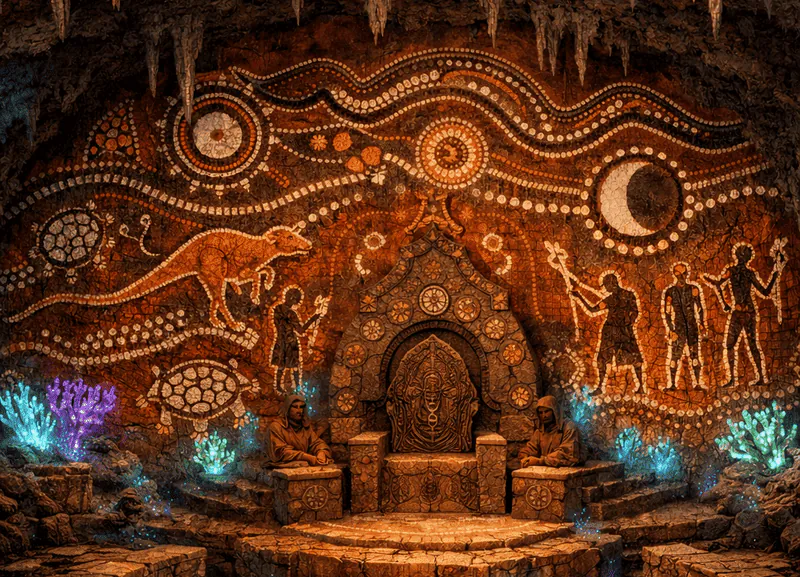 Mur situé dans les profondeurs du siège, creusé dans la falaise, remplie de peintures autochtones magiques et lumineuses.