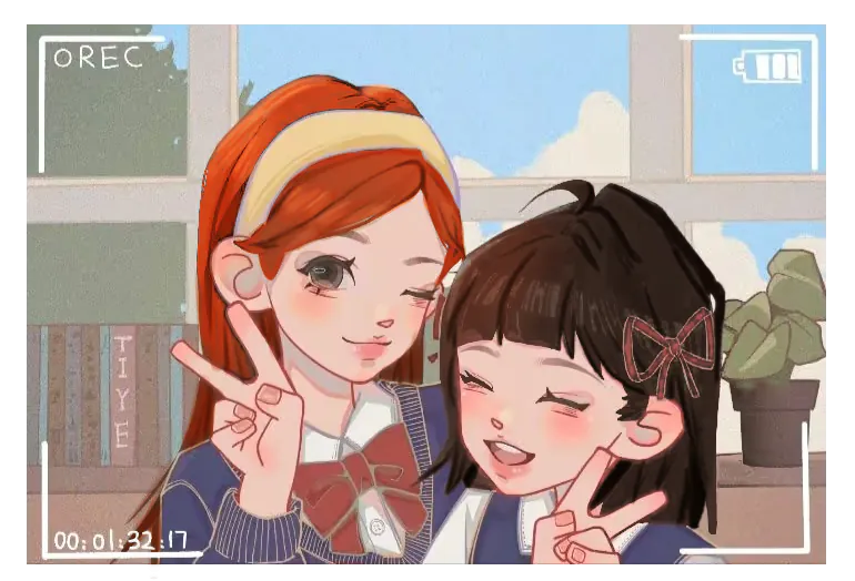 Aide avatar pour Saga : une fille rousse à gauche et une brune à droite, les deux font un peace sign et ont un grand sourire