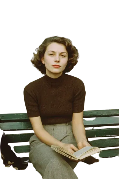 femme aux cheveux courts style vintage avec un livre sur un banc
