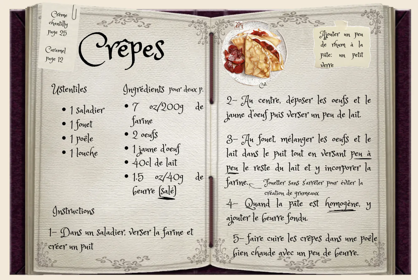 livre de recette avec la recette des crêpes