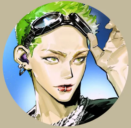 Jeune homme aux cheveux vert court et aux yeux vert (lentilles)