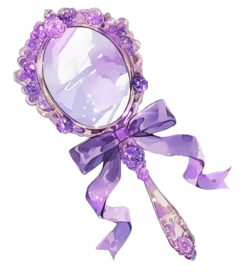 Miroir portable violet avec un manche et un noeud autour, et des fleurs entourant le cadre du miroir