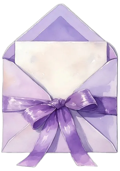 Enveloppe violette et ouverte avec une lettre à l'intérieur