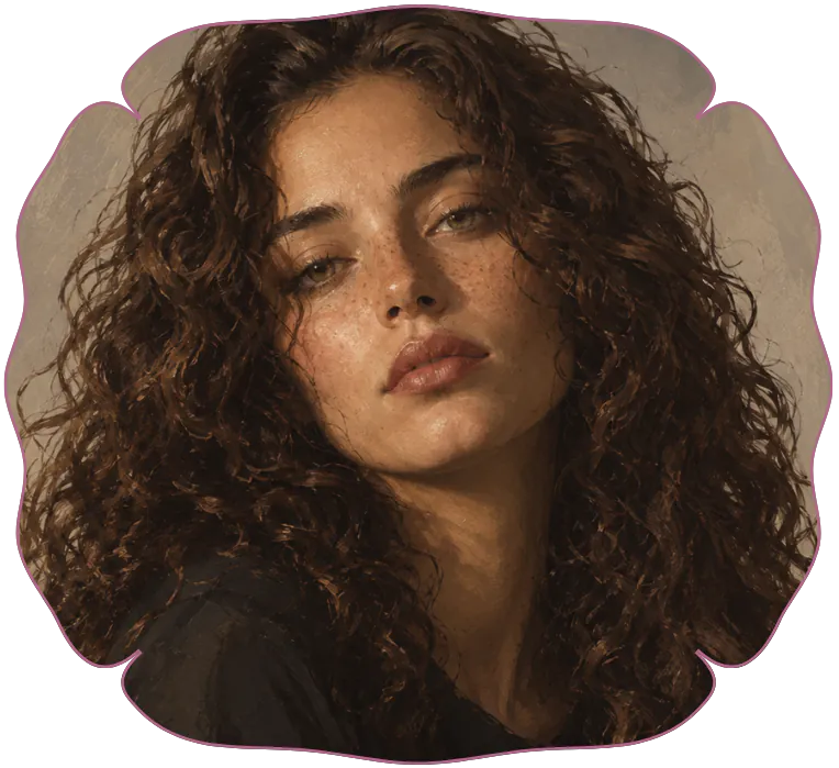 Jeune femme à la peau matte, yeux noisettes, cheveux longs bouclés et bruns