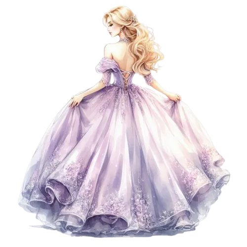 jeune fille blonde de dos avec une belle robe violette style princesse.