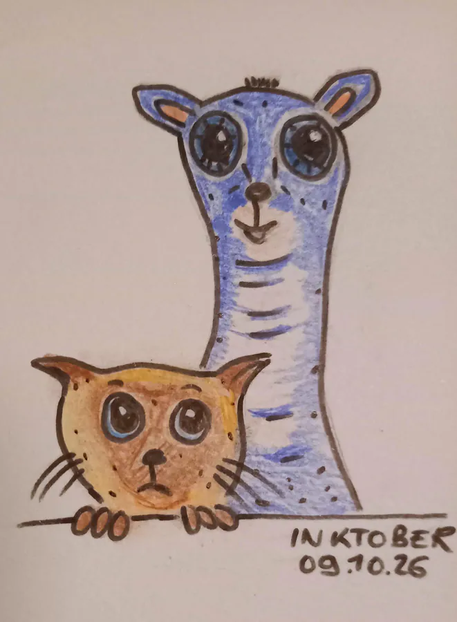 Dessin réalisé aux crayons de couleur représentant un chat et un veaudelune aux grands yeux.
