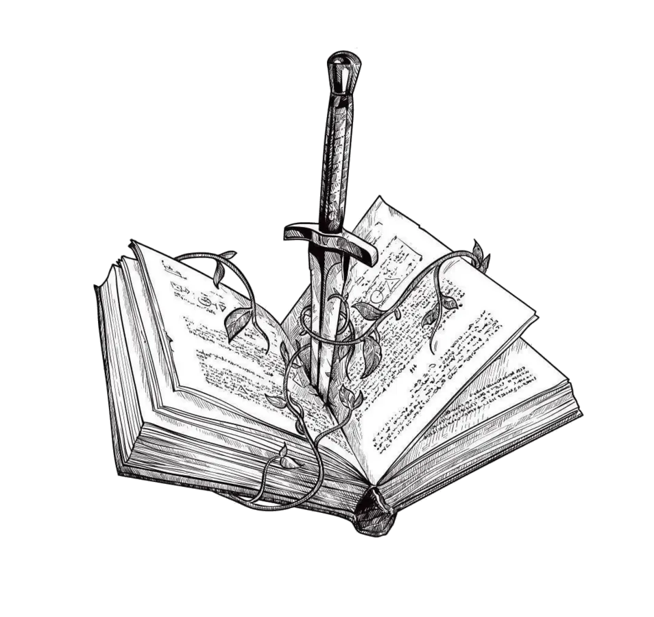 dessin d'une épée plantée dans un livre, entourée de lierre