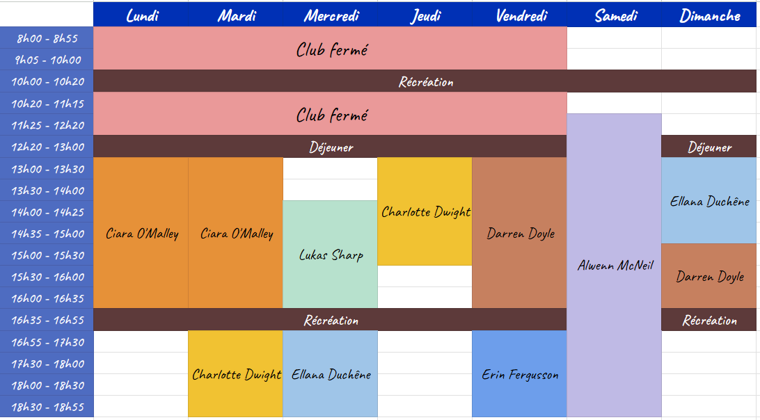Emploi du temps du club