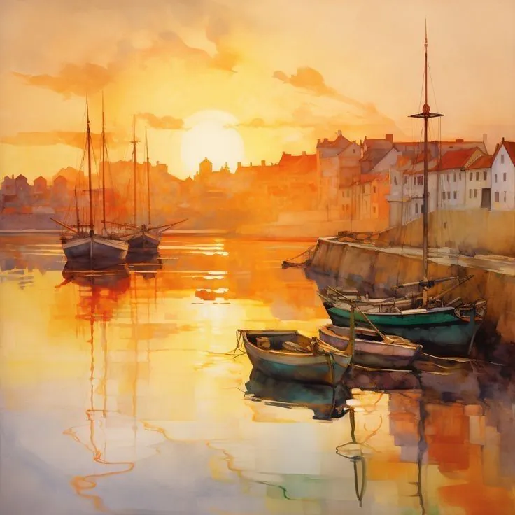 aquarelle port marin au coucher de soleil