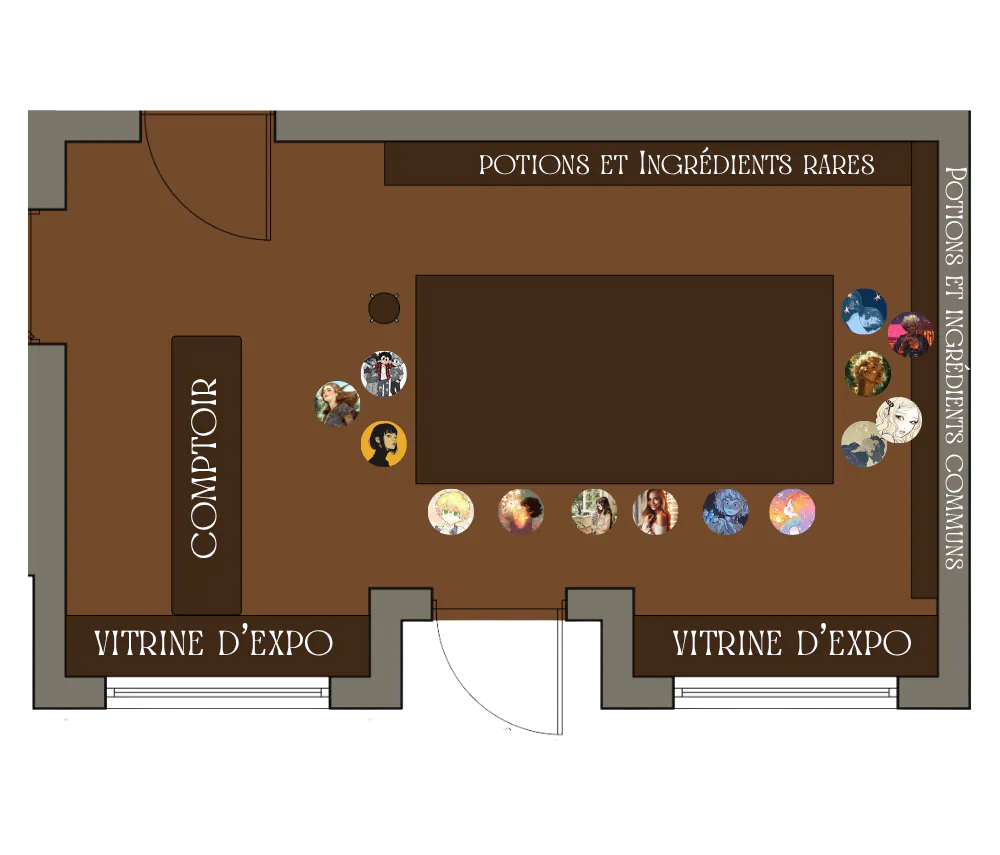 Disposition de la salle d'Apothic'Herbes pour l'animation : table au centre de la pièce avec un numéro pour chaque tabouret pour que les élèves puissent choisir leur position. 