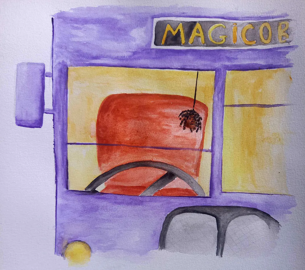 Dessin aquarelle représentant le côté conducteur du magicobus
