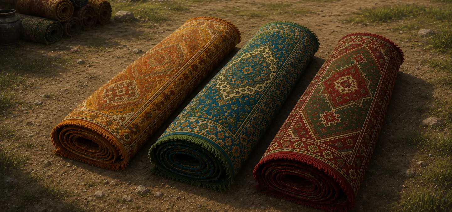 trois tapis persans de couleur dominante orange, vert et rouge enroulés et posés sur un sol en terre battue