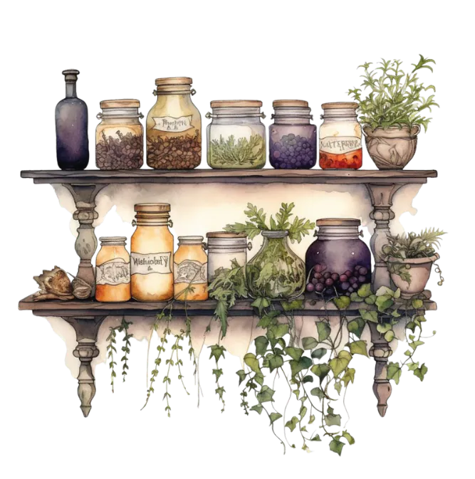 Image de différentes herbes dans des bocaux sur des étagères