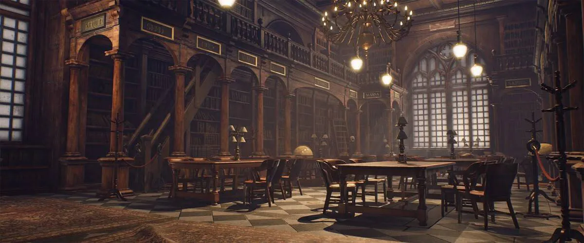 Salle de taille moyenne. Des bibliothèques sur les côtés atteignent presque le plafond et sont accessible via des escaliers. Des tables avec lampe, et des chaises sont disposés en ordre sur un sol carrelé.