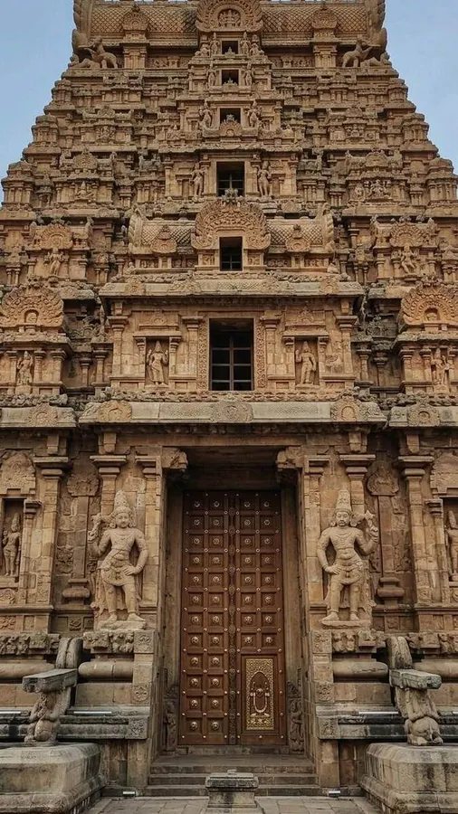 Grande porte d'une pyramide de pierre, ornée de multiples sculptures incas.