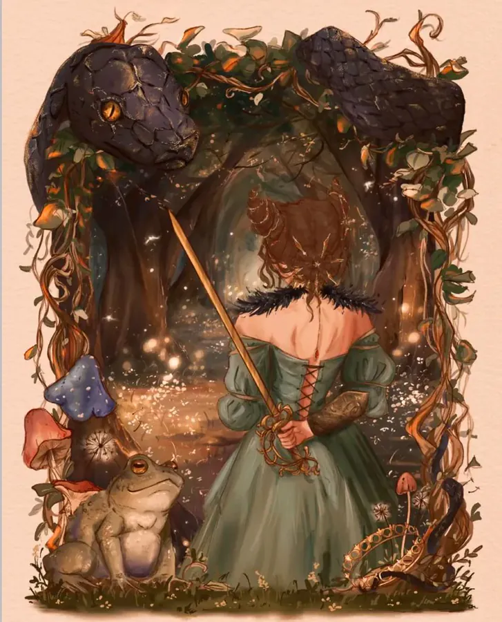 fanart du Prince Cruel, représentant le personnage de Jude, femme brune de dos, portant son épée et entouré d'un décor de contes