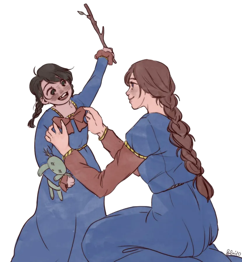 petite fille et une femme, vêtue de la même robe bleue medievale-ish