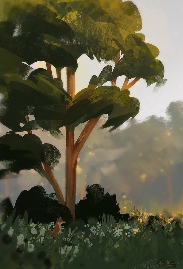 Champ d'herbe haute + arbre avec un renard- Peinture