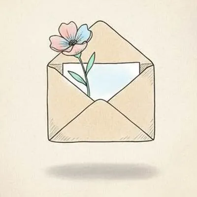 enveloppe jaune sur fond crème qui contient une lettre et une petite fleur