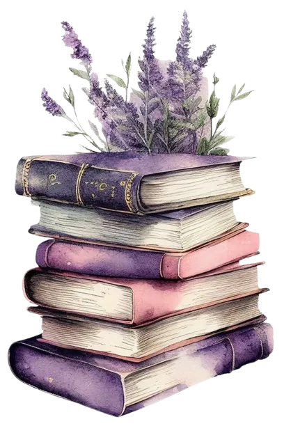 Pile de livres dans les tons violets et avec un bouquet de fleurs en arrière-plan