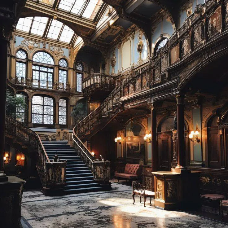 Grand escalier menant au deuxième étage, faisant face à des fenêtres. Plusieurs canapés et tableaux sont visibles. Le sol marbré devant l'escalier est dégagé.
