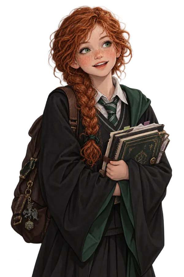 png d'une jeune serpentard rousse avec son sac et ses livres prête à apprendre