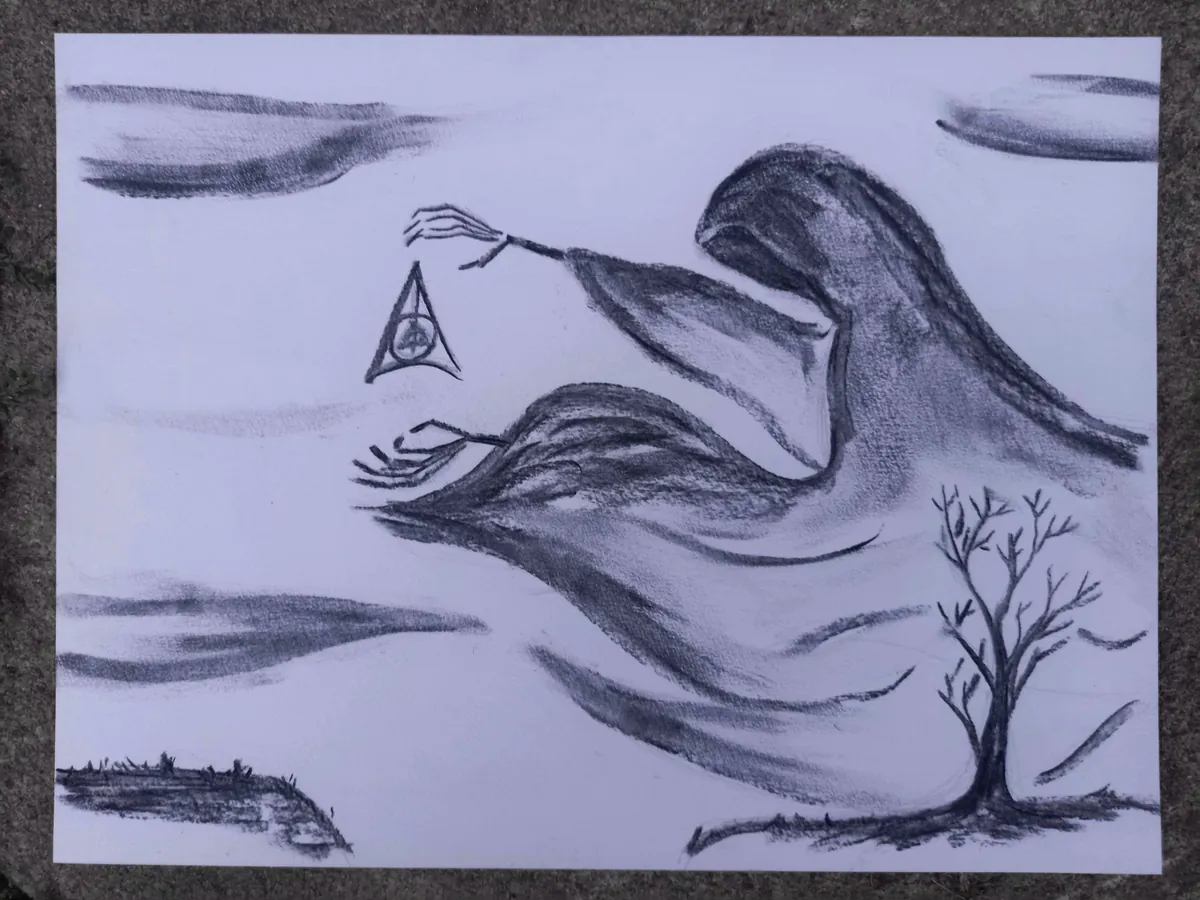 Dessin au fusain représentant la mort délivrant ses fameuses reliques