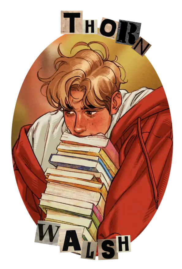 jeune homme blond portant une veste rouge et une pile de livres