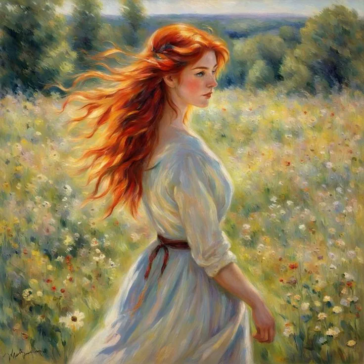 femme rousse dans un champs